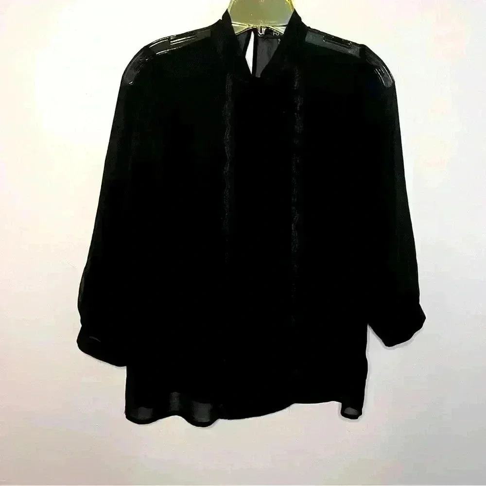 Forever 21 Sheer Black Long Sleeve Pullover Blouse Pleated Front, Size S